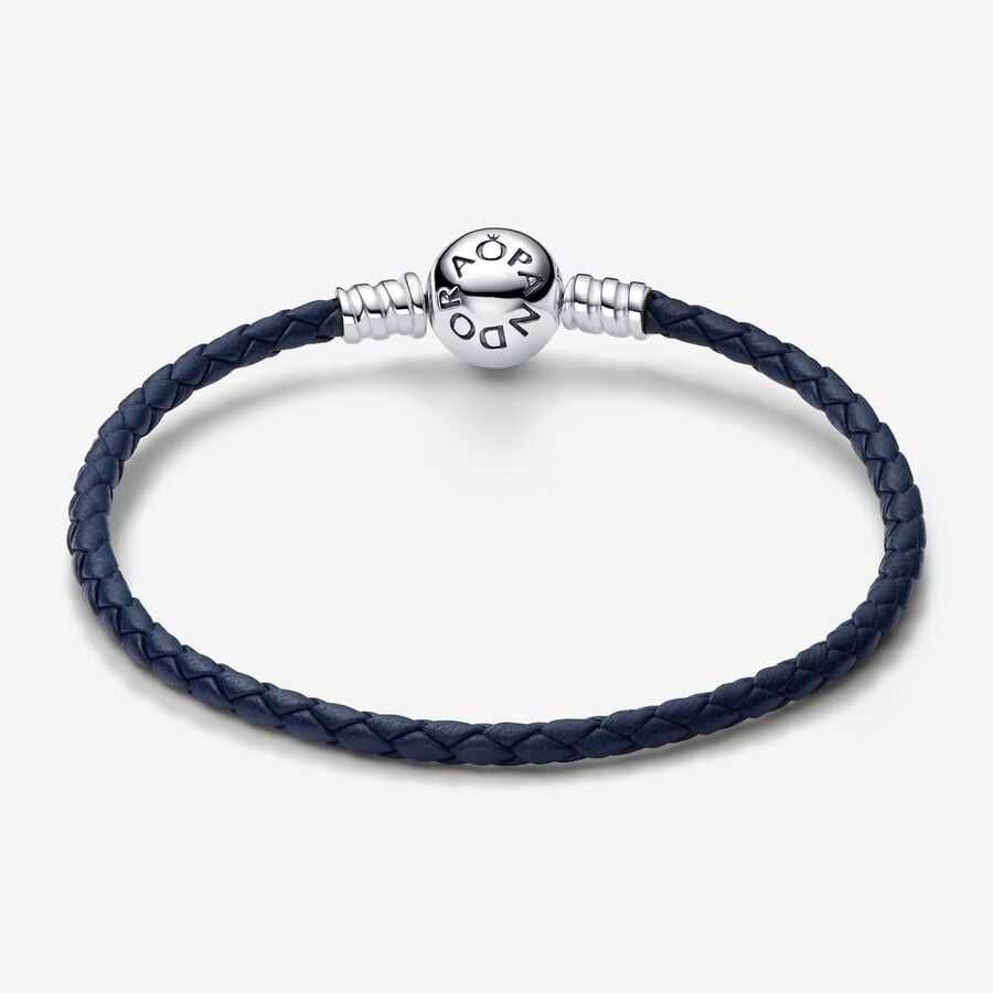 PANDORA Moments bransoletka srebrna skórzana granatowa 20,5cm +PUDEŁKO