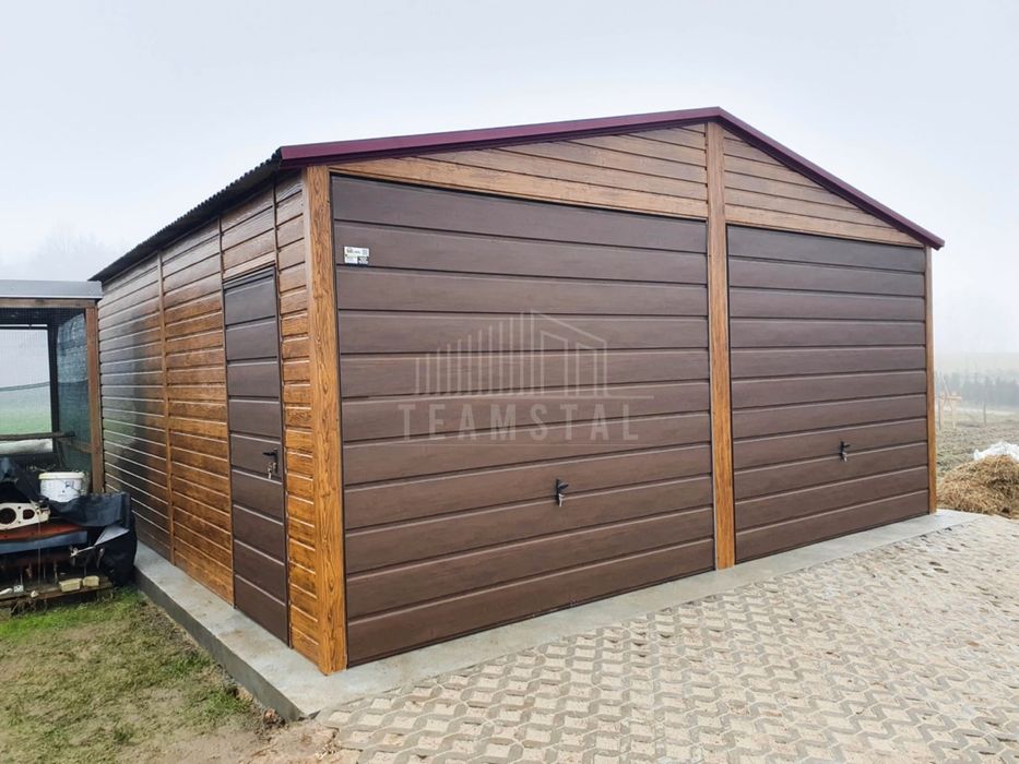 Garaż Blaszany 6x6 2x Brama  - drewnopodobny drzwi - 2x okno TS584