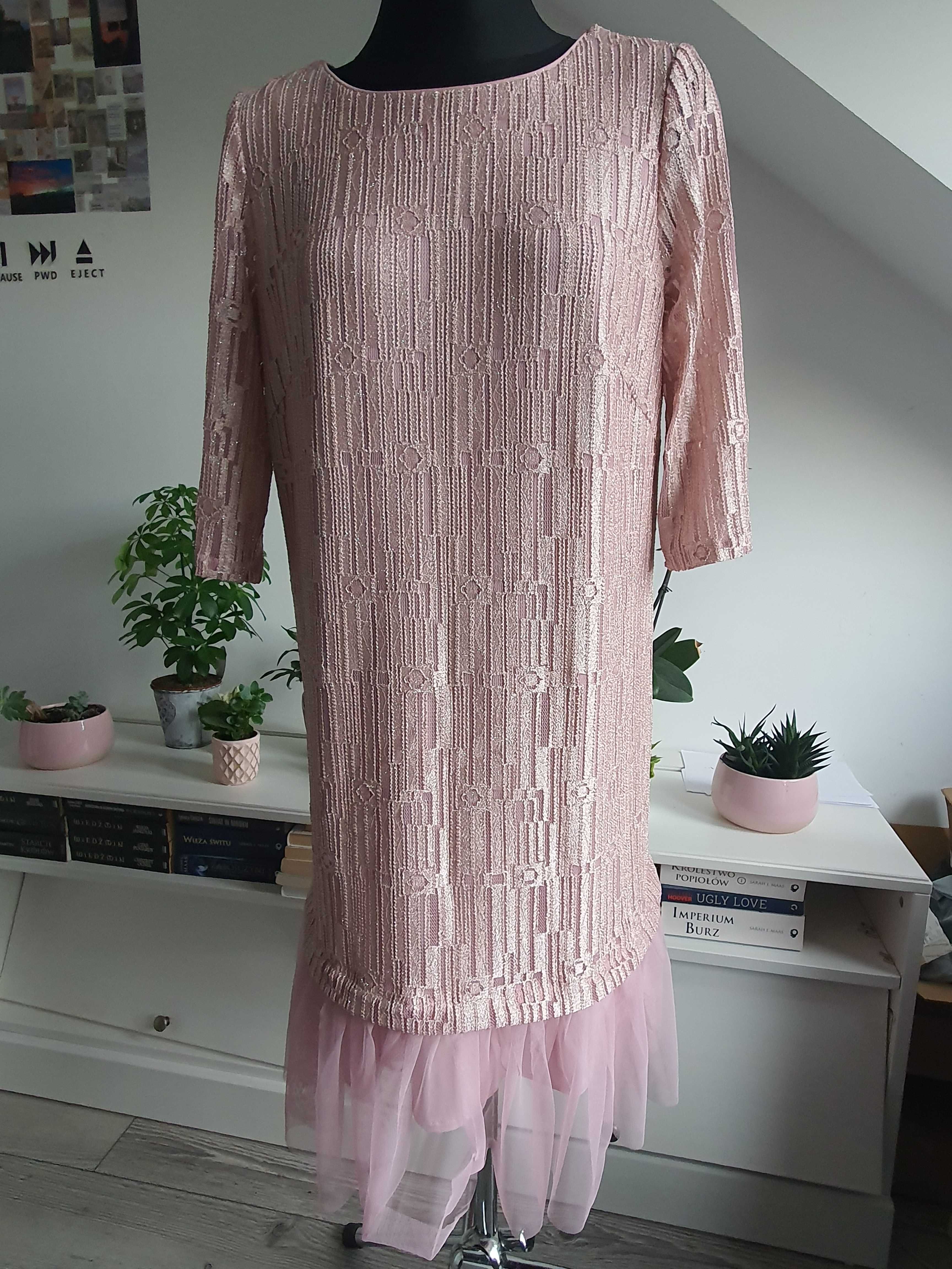 Błyszcząca pudrowo różowa prosta midi sukienka Paula Picassa 42