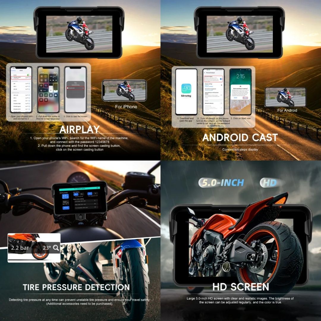 Monitor Moto 5" HD Wireless CarPlay/Android Auto | IP68 | TPMS | NOVO