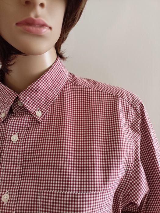 Koszula unisex w biało-bordową drobną kratkę Uniqlo 100% bawełna