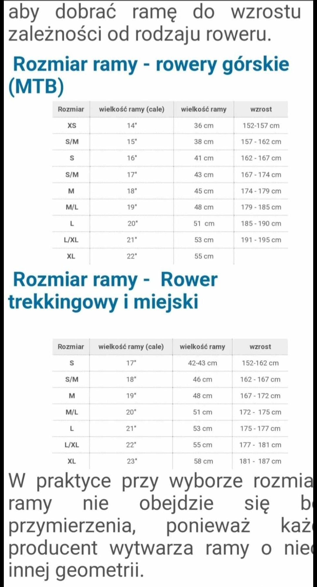 Rozmiar ramy dopasowanie wzrostu do roweru S, M, L, XL, 16", 18" 21" i