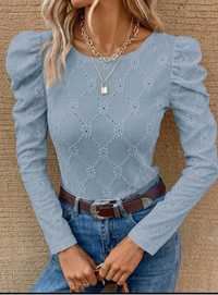 Błękitna elegancka bluzka ażurowa M L