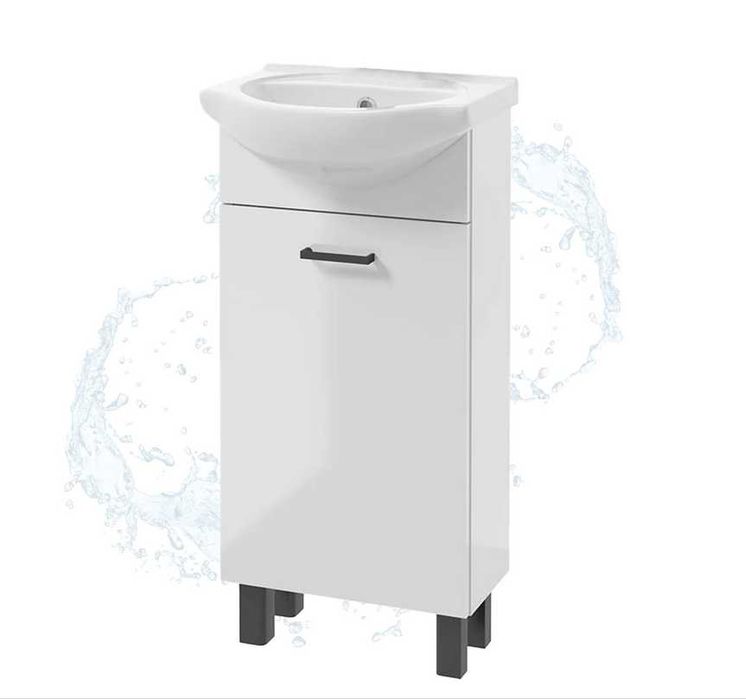 Mała Szafka z Umywalką 40 Czarne Nogi Wysoki Połysk Biała