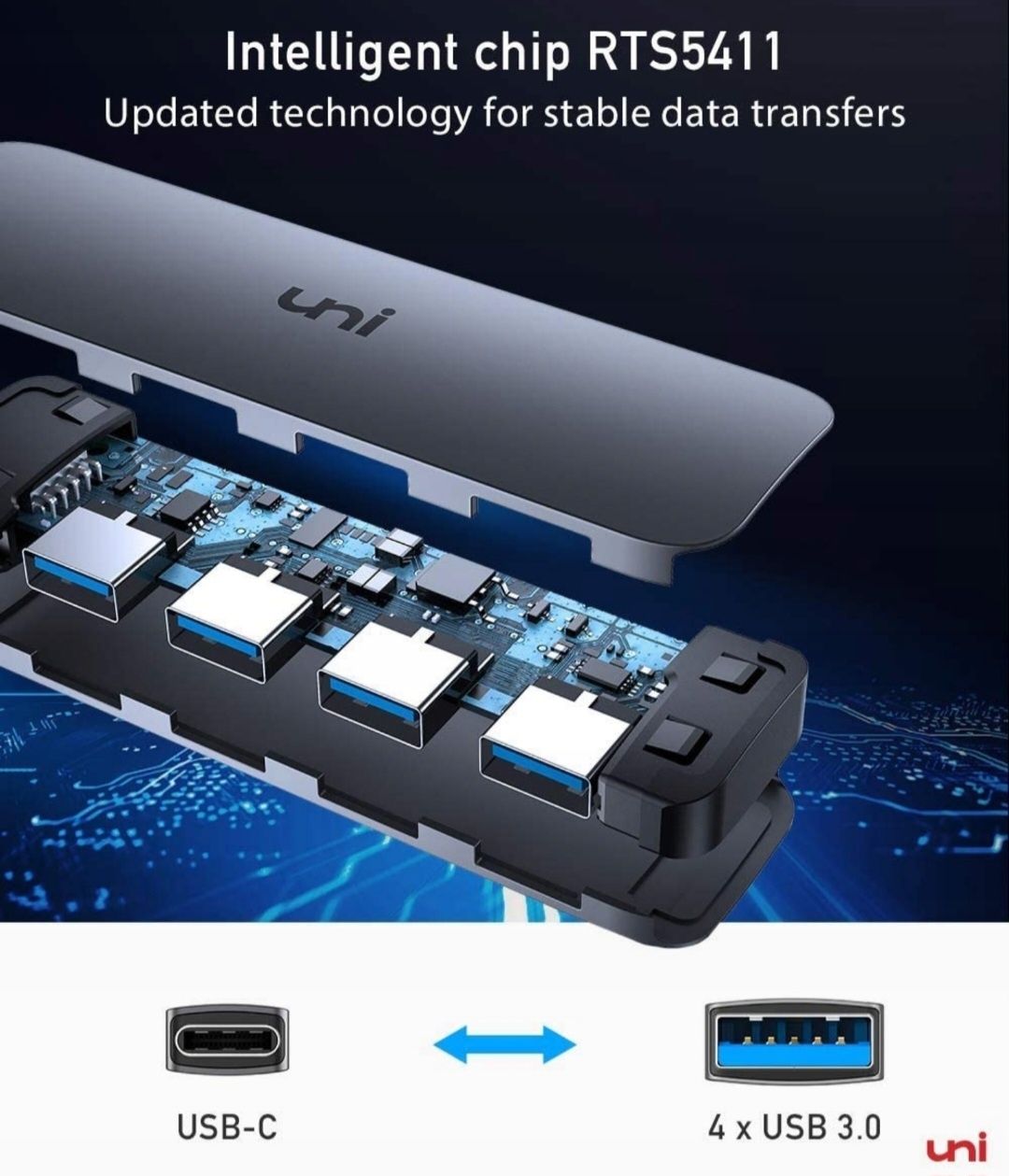 Uni USB C Hub 1 do 4 USB 3.0 Srebrny Aluminium