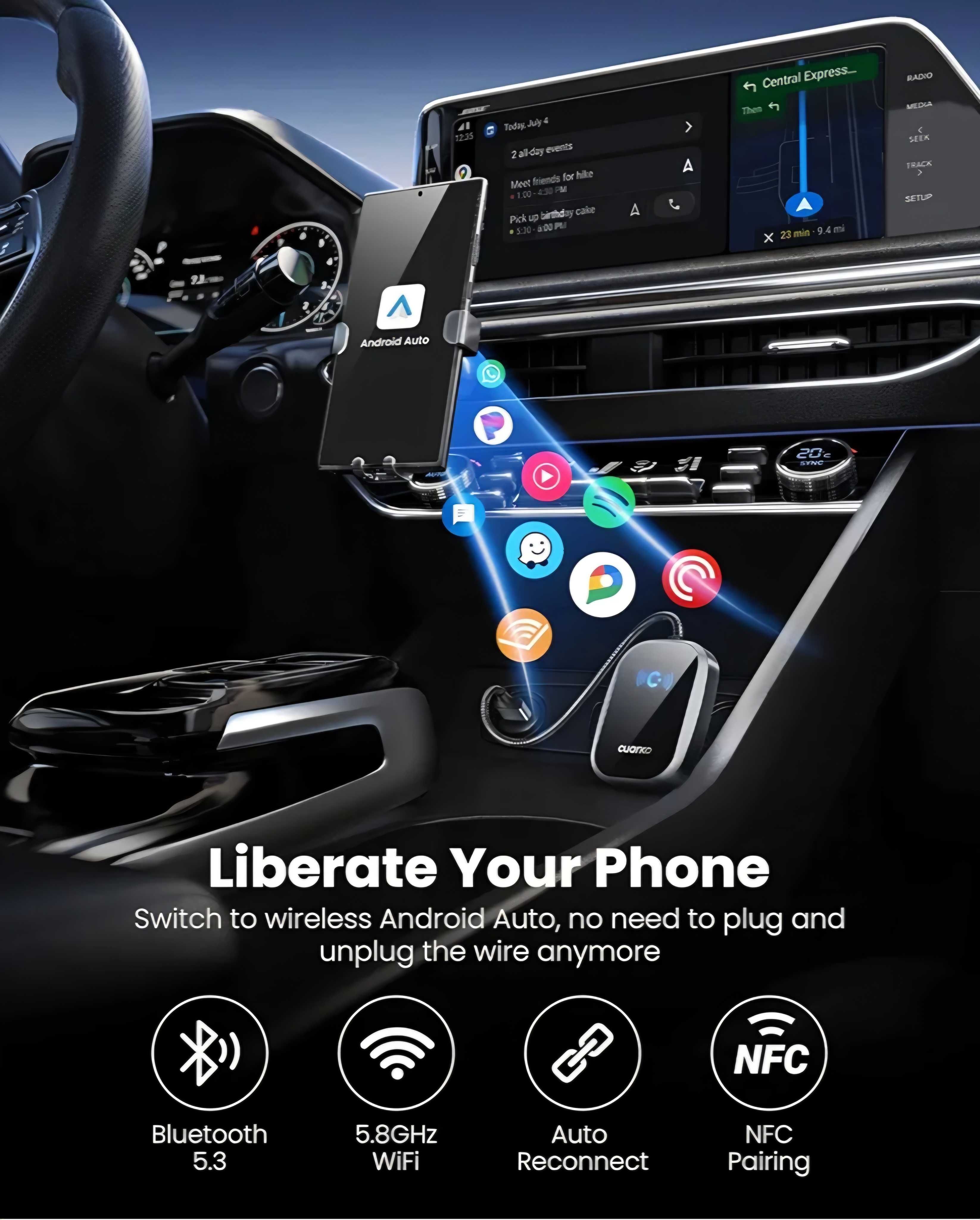 Bezprzewodowy adapter Android Auto BT WIFI NFC Cuarko AWO bez opóźnień