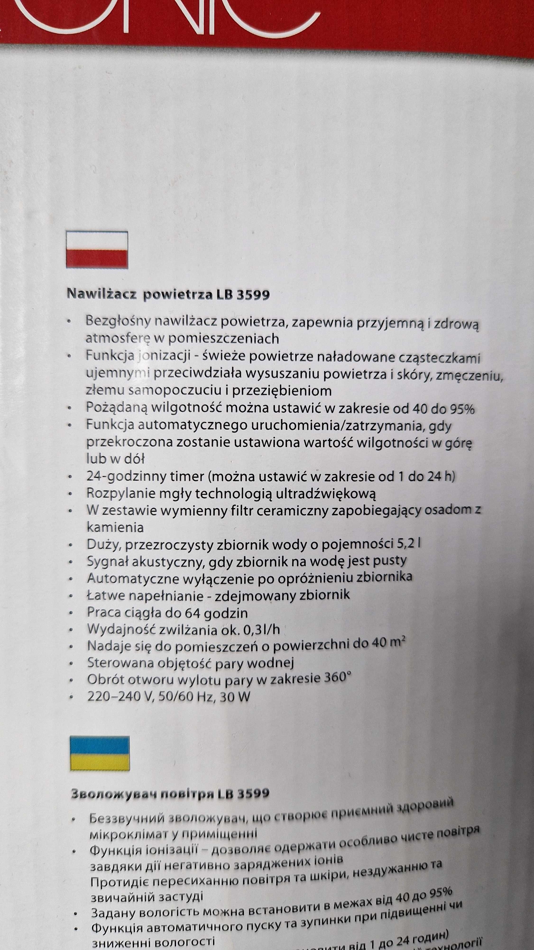 Nawilżacz powietrza Clatronic LB 3599 timer jonizacja higrostat