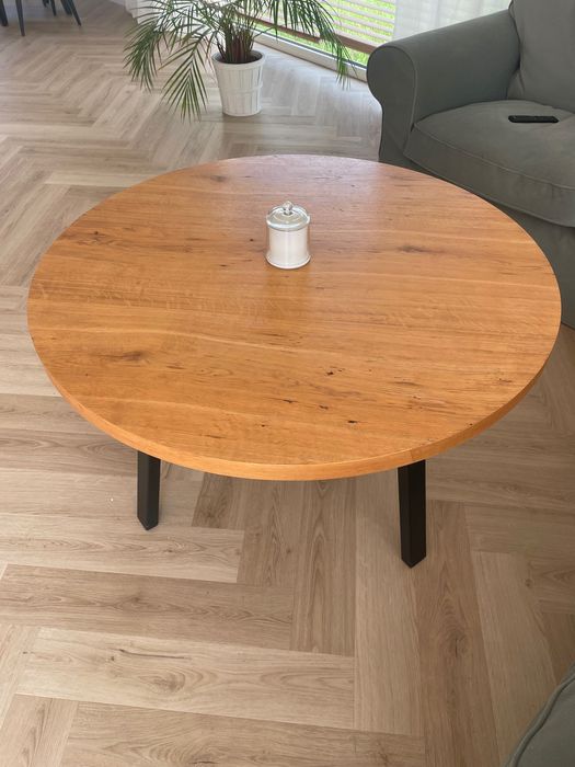 Okrągły Stolik kawowy Loft gruby blat dębowy fornir Stal Czarne nogi