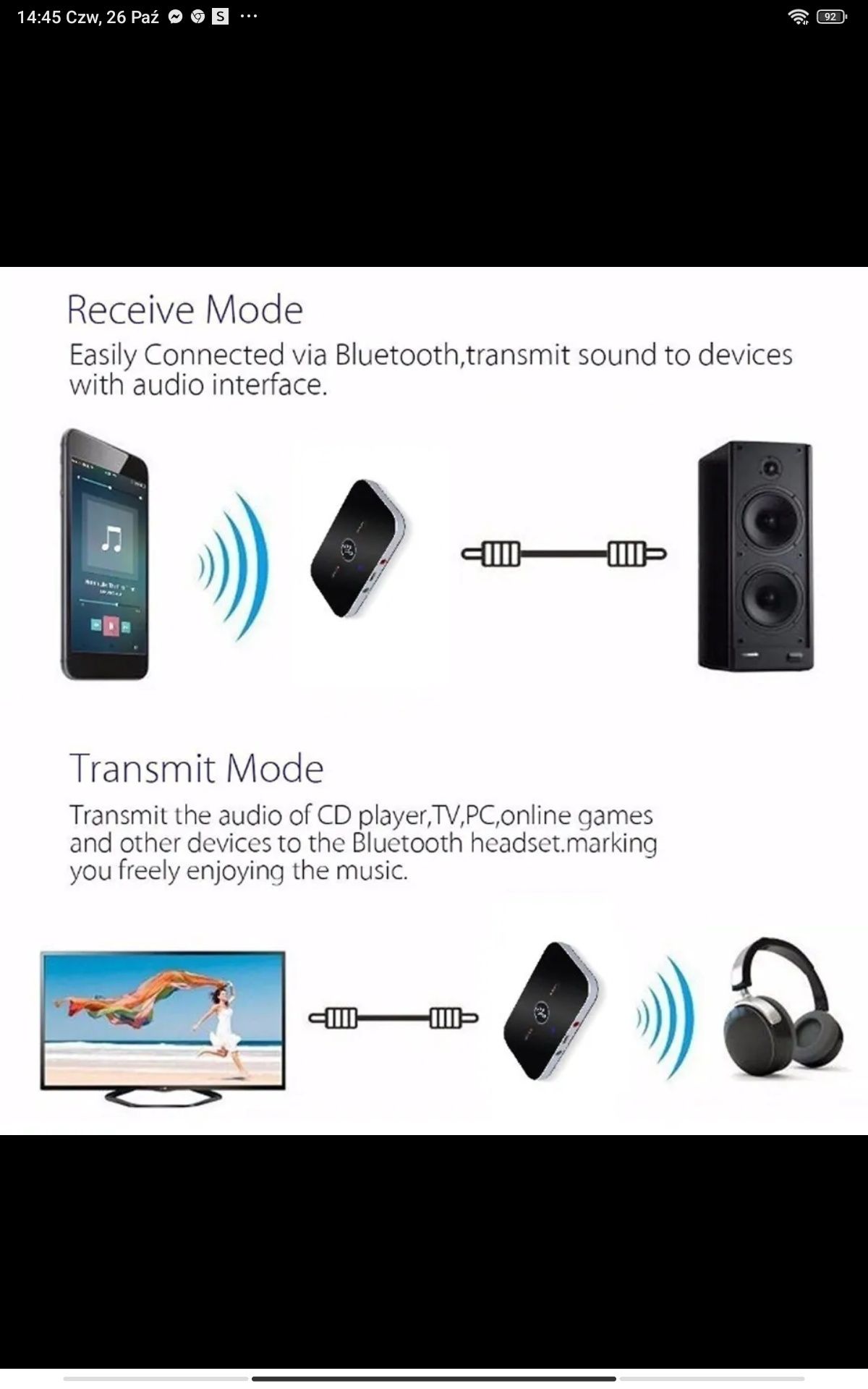 Nadajnik odbiornik audio Bluetooth ładowany z ładowarki smartfona