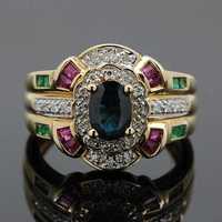 Złoty pierścionek z szafirem, rubinami, szmaragdami i diamentami 9K
