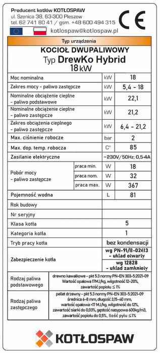 Kotłospaw DrewKo Hybrid 18kw (drewno/pellet) - cena z montażem