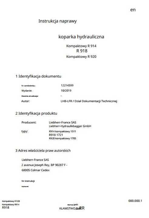 Instrukcja napraw (serwisowa) Liebherr R 914, R 918, R 920 PL