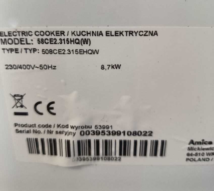 Kuchnia  z  piekarnikiem elektryczna AMICA wolnostojąca