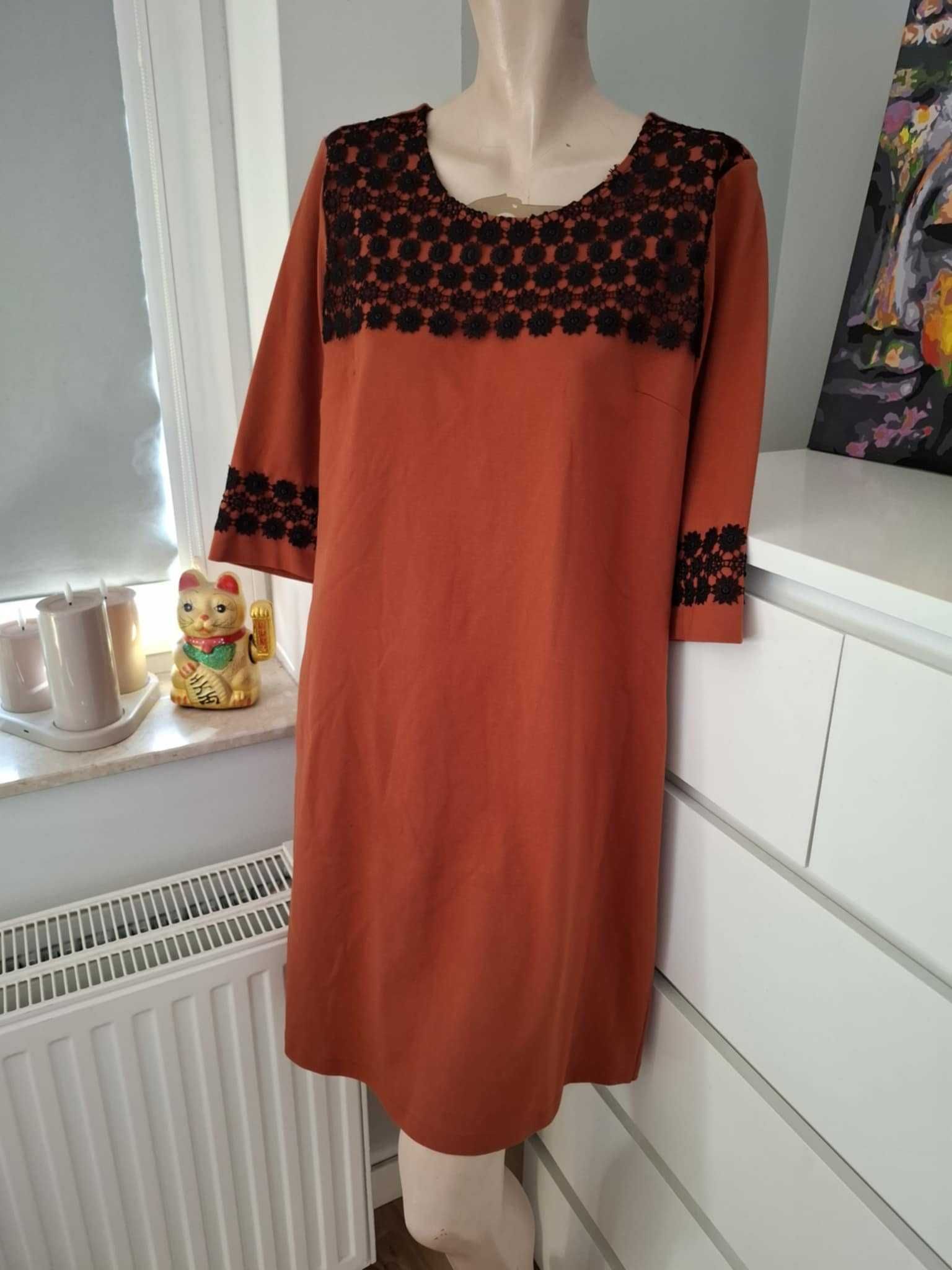 XXL 44 karmelowa brązowa czarna sukienka koronkowa letnia na lato boho