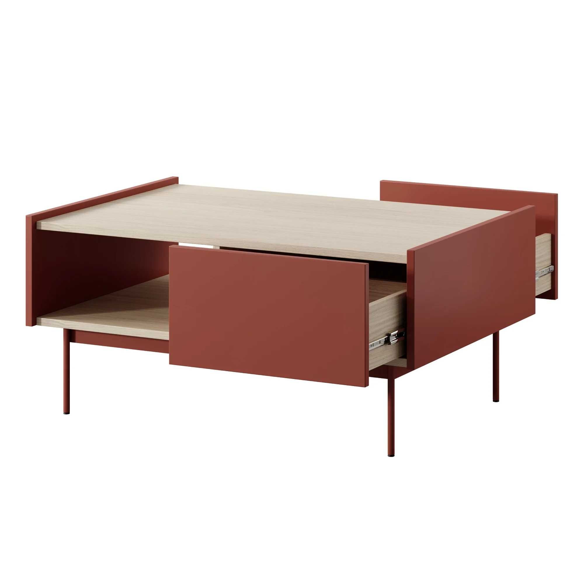 zz1401 - Stolik kawowy z szufladami Color ceglasty, dąb linea
