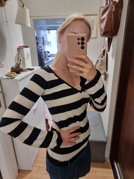 Cienki sweter bluzka lniana 55% len 45% bawełna w paski biały czarny