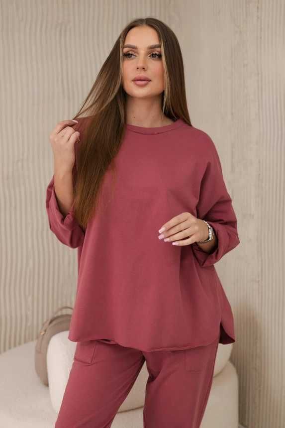 Komplet bawełniany bluzy oversize ze spodniami ciemny różowy