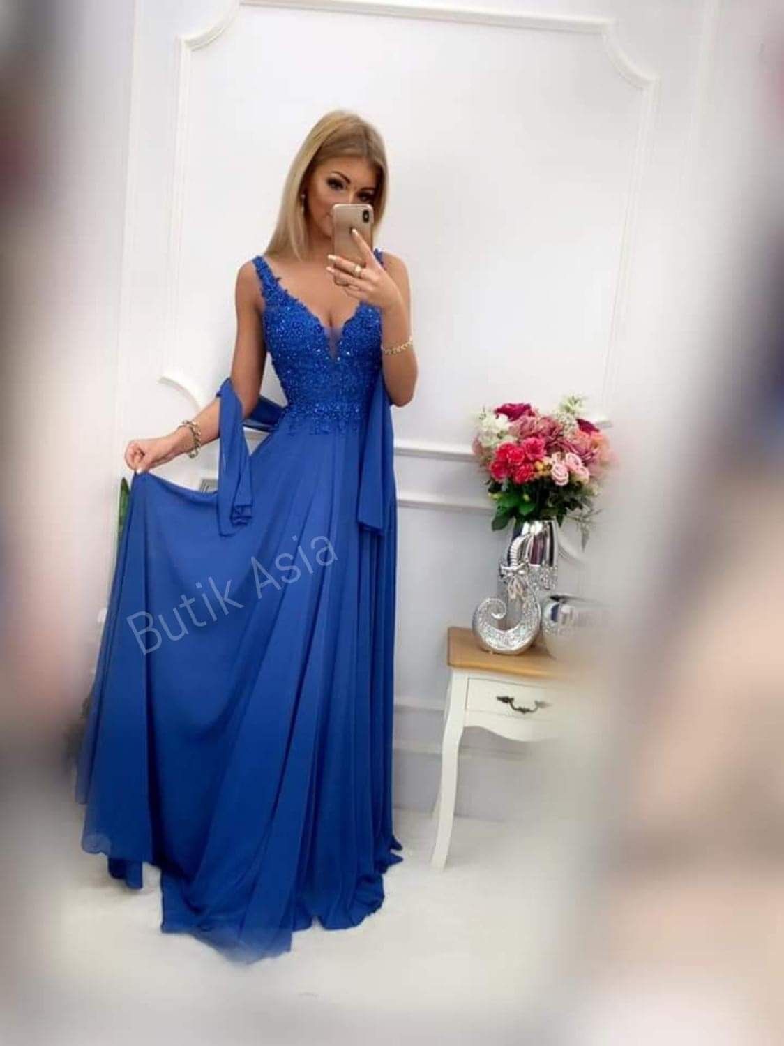 Sukienka niebieska maxi długa JAGODA chabrowa koronkowa nowa 36/S
