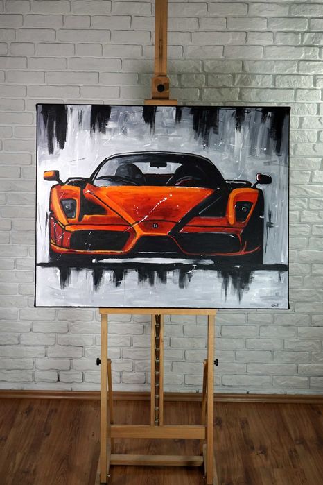 Duży ręcznie malowany obraz olejny samochód ferrari nowoczesny