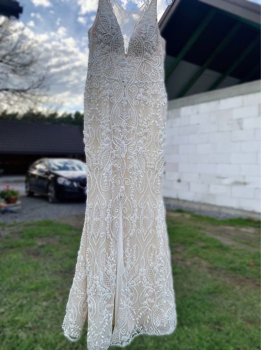 Suknia ślubna syrenka dopasowana ręcznie zdobiona tren+welon 3 metrowy