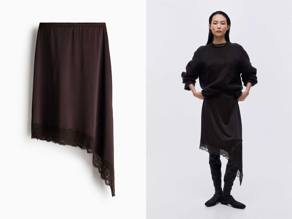 Spódnica asymetryczna S nowa kolekcja brązowa z koronką PROMOCJA