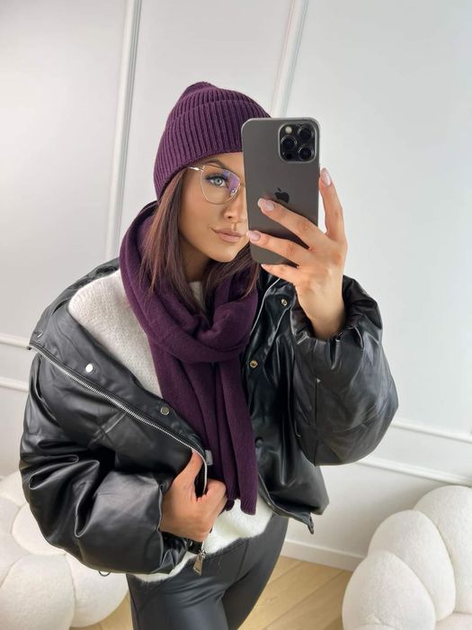 Śliwkowy komplet czapka i szalik kaszmir welna Cashmere