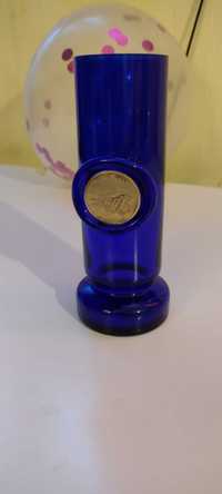 Wazon kobaltowy, niebieski, szklany, moneta mosiężna, Skandynawia.