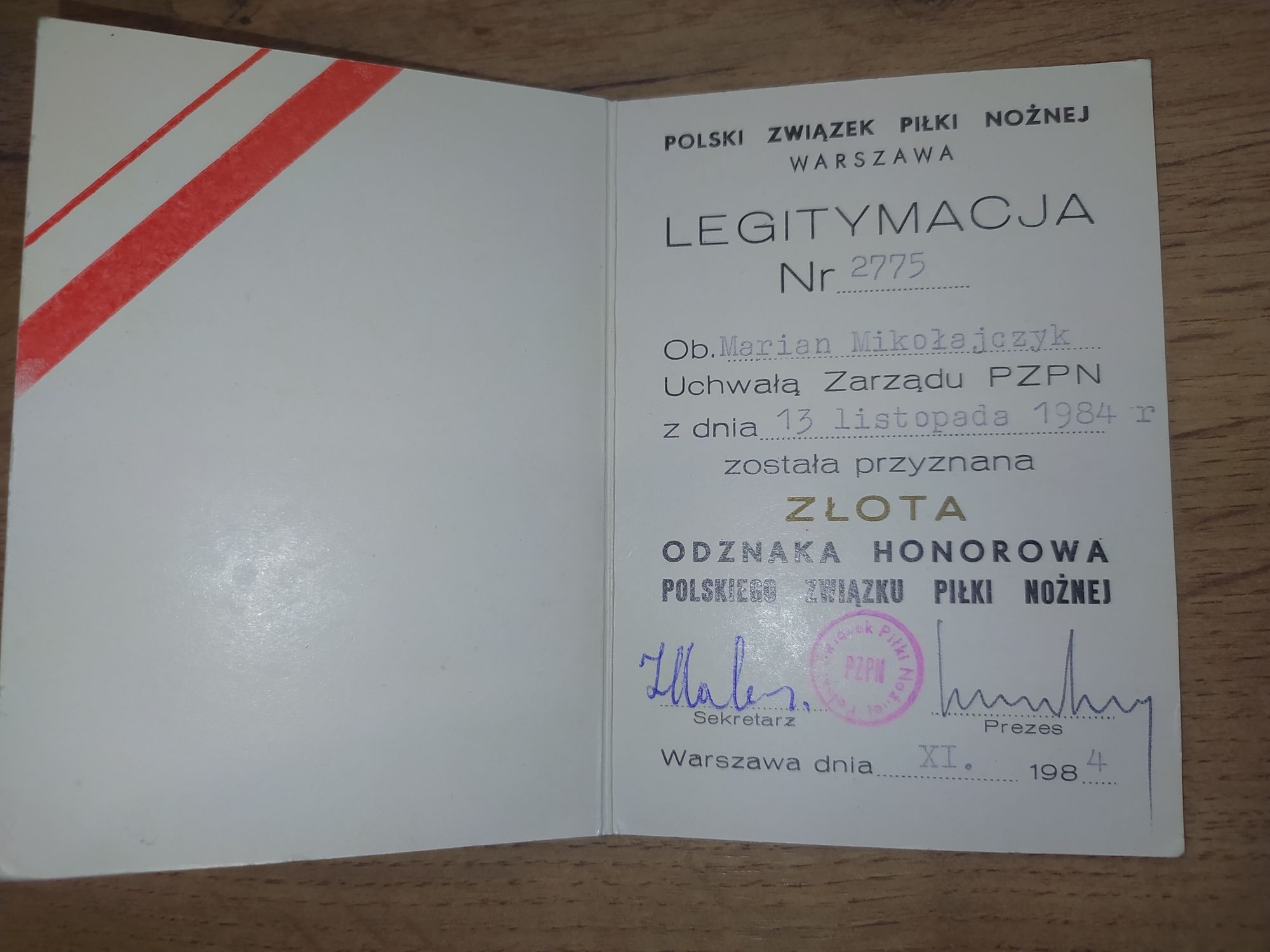 PZPN Łódź. Zestaw legitymacji, medal. Marian Mikołajczyk. 1984.Piłka