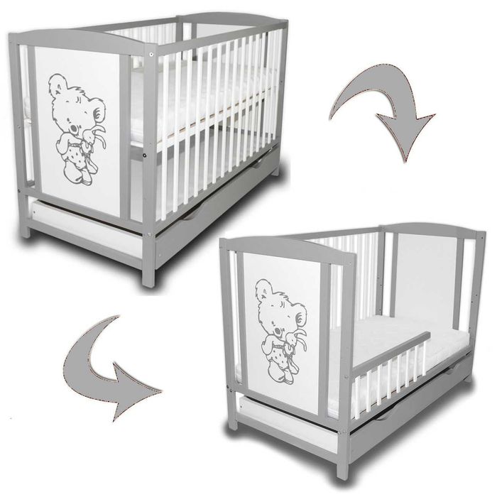 Łóżeczko dziecięce 2w1 z barierką Bajka szara szuflada wysyłka gratis