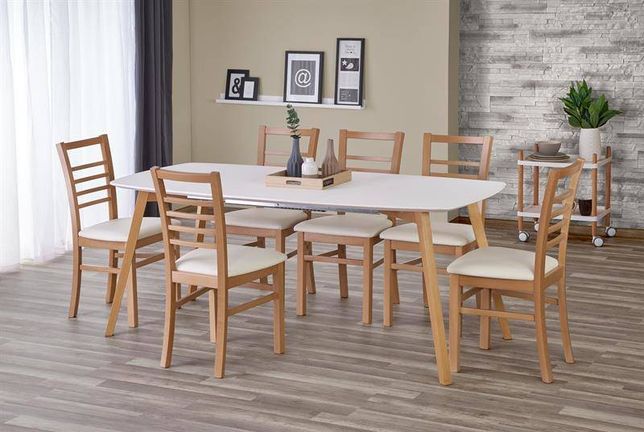 KAJETAN – duży stół do jadalni stół biały + nogi drewno DOWÓZ GRATIS