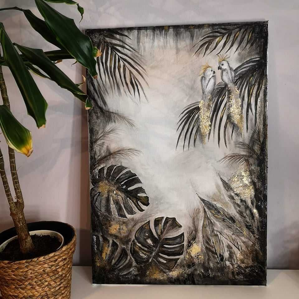 Obraz nowoczesny Jungle dżungla papugi czarny złoty płótno 50x73