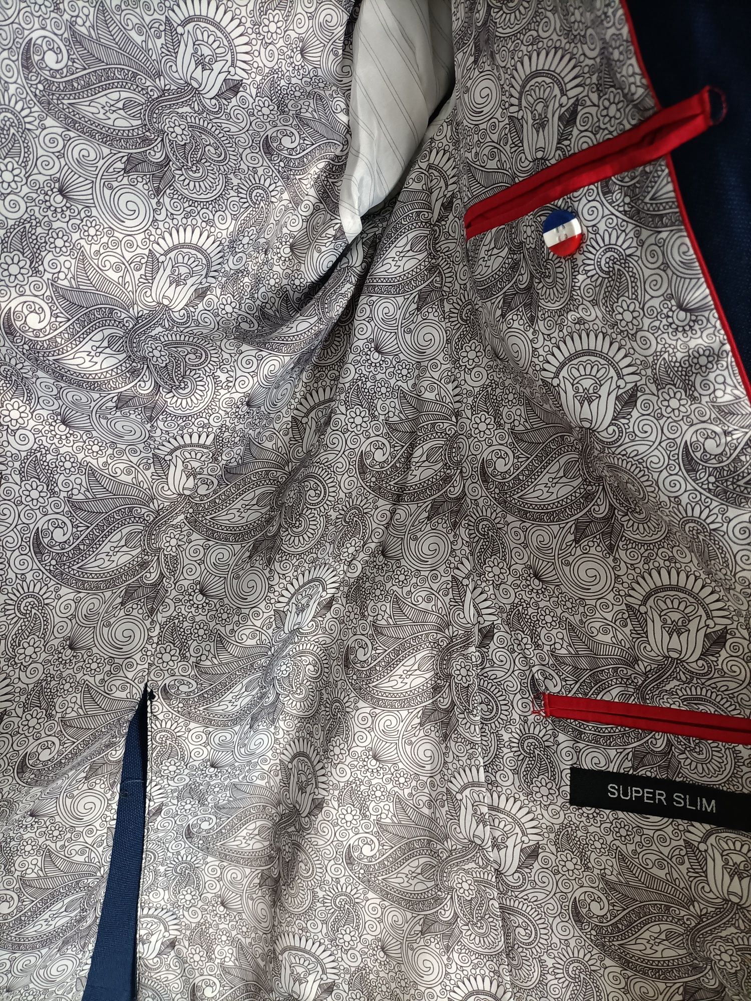 Granatowy garnitur marynarka spodnie w kant męski męska elegancki