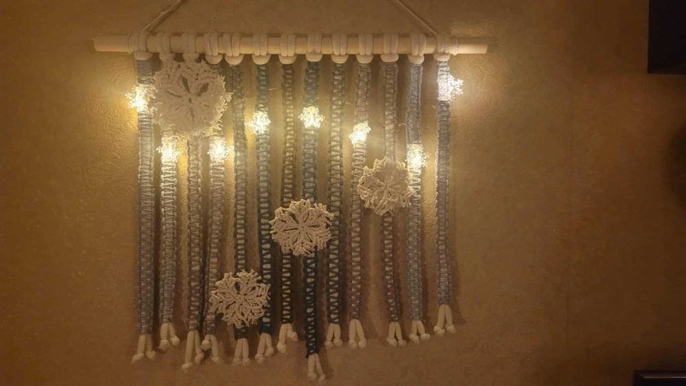 Makrama rękodzieło święta ozdoba Boże Narodzenie zima śnieżynki  led