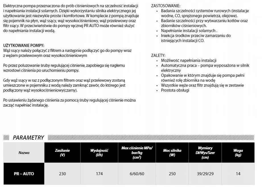 Elektryczna pompa do prób ciśnieniowych PR AUTO IB0 250W Nowość!