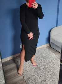 Czarna długa sukienka z długim rękawem i rozcięciem L