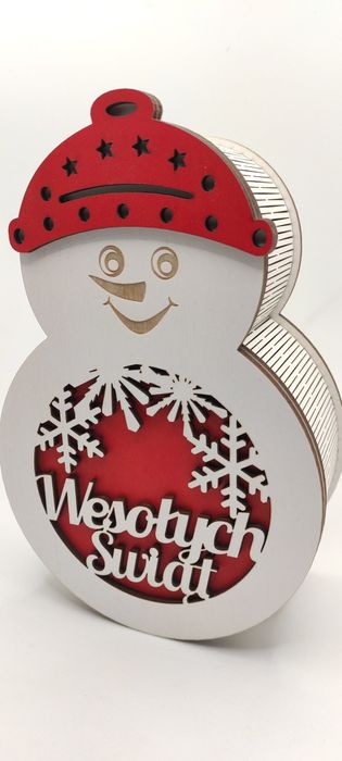 Drewniane pudełko w kształcie Bałwanka " Wesołych Świąt"