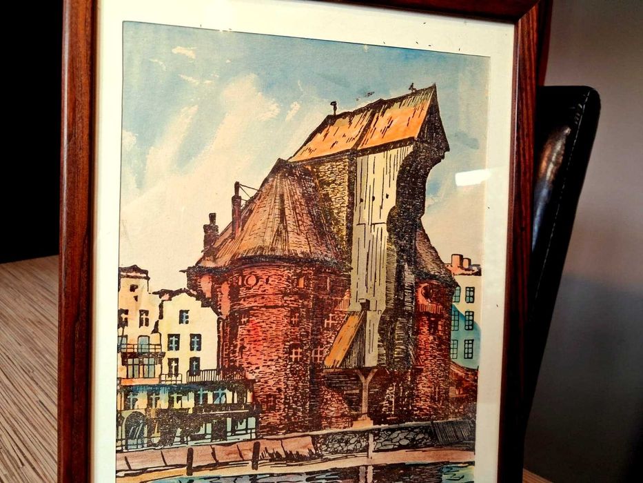 UNIKAT ! Oryginalna grafika H. CZAMAN "GDAŃSK Stary ŻURAW" Sygnowana