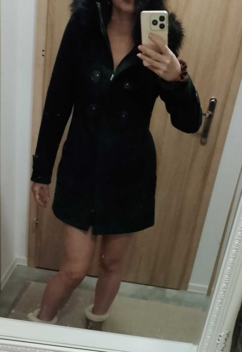 Płaszcz wełniany zimowy rossodisiera 38 m zielony  kaptur futerko