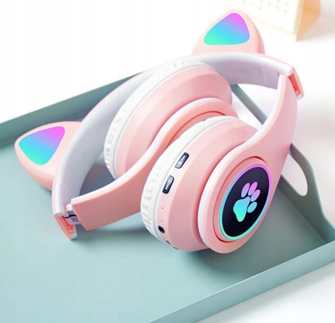 Słuchawki bezprzewodowe nauszne LED kocie uszy bluetooth 5.0 MICRO USB
