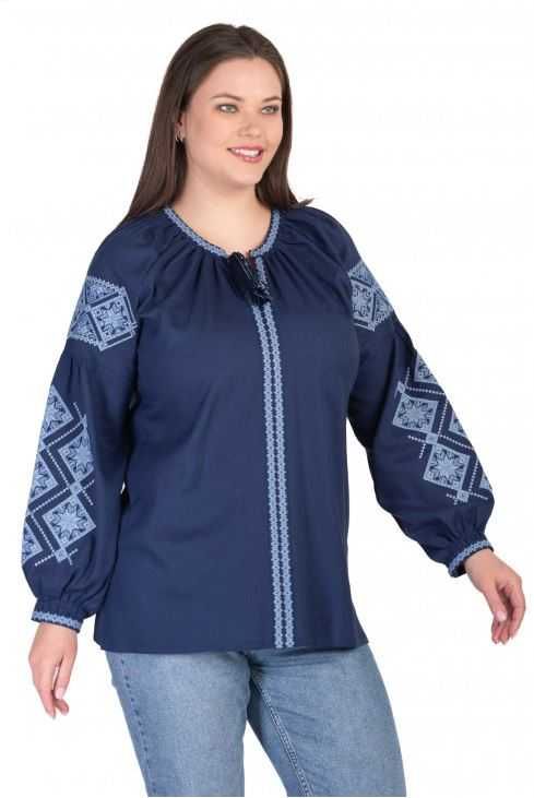 Жіноча блакитна лляна вишиванка, розміри S, M, L, XL, 2XL, 3XL