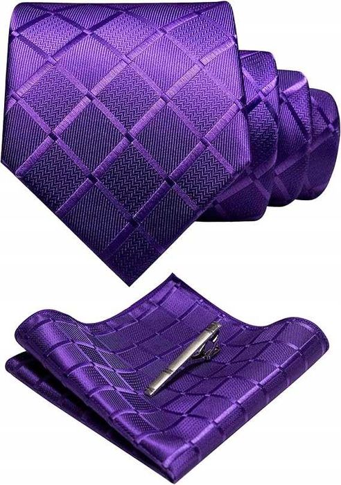 JEMYGINS krawat fioletowy + poszetka + spinka vintage jedwabny