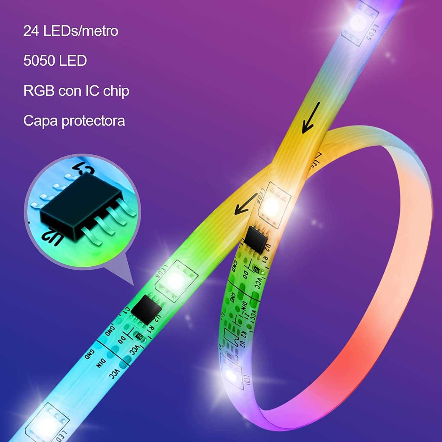 Tira LED RGBIC 10 M efeito arco-íris impermeável controlo App BT