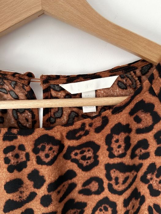 Panterkowa sukienka szerokie rękawy H&M 40 L brązowa do kolana pantera