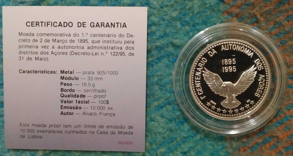 Portugal - moeda em prata proof de 100 escudos de 1996 Açores (10.000)