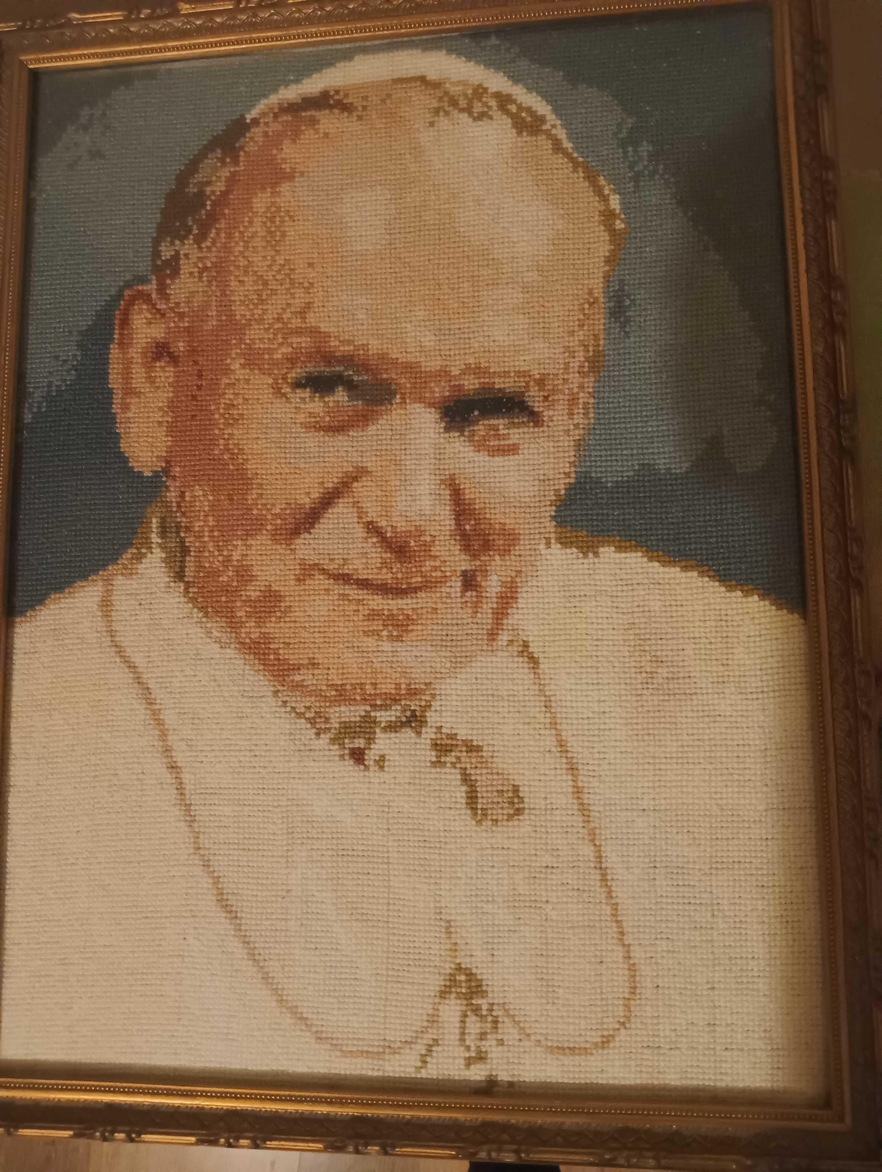 Duży obraz Jan Paweł II ręcznie haftowany.