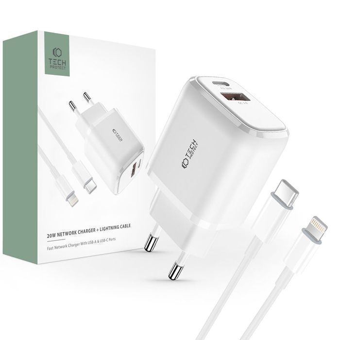 Tech-Protect C20W Ładowarka 2-Port PD20W/QC3.0 + Kabel Lightning