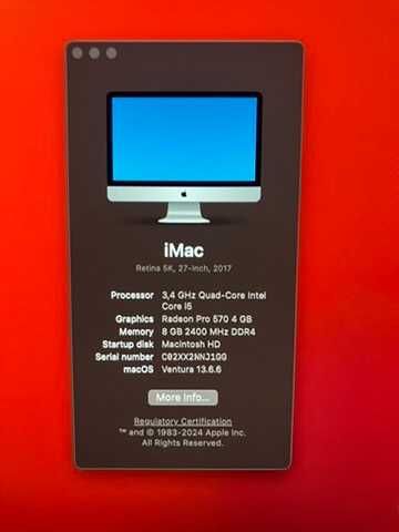 iMac 2017, 3.4Ghz Quad Core, 8 GB Memory, 27" Retina 5k Screen