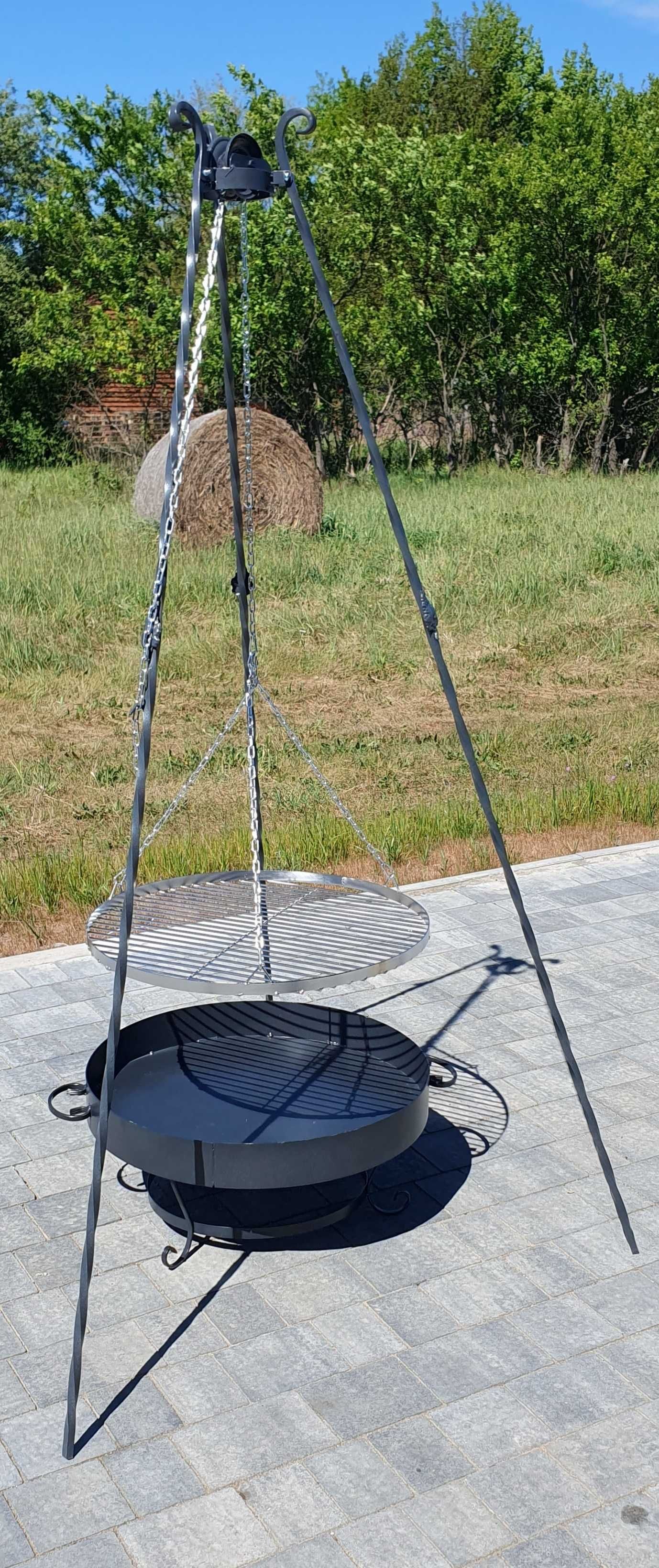 Grill trójnóg ogrodowy ruszt niklowany wiszący okrągły 60cm  SOLIDNY