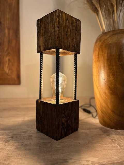 Lampa loft drewniana vintage 42 cm – stojąca, industrialna, LED
