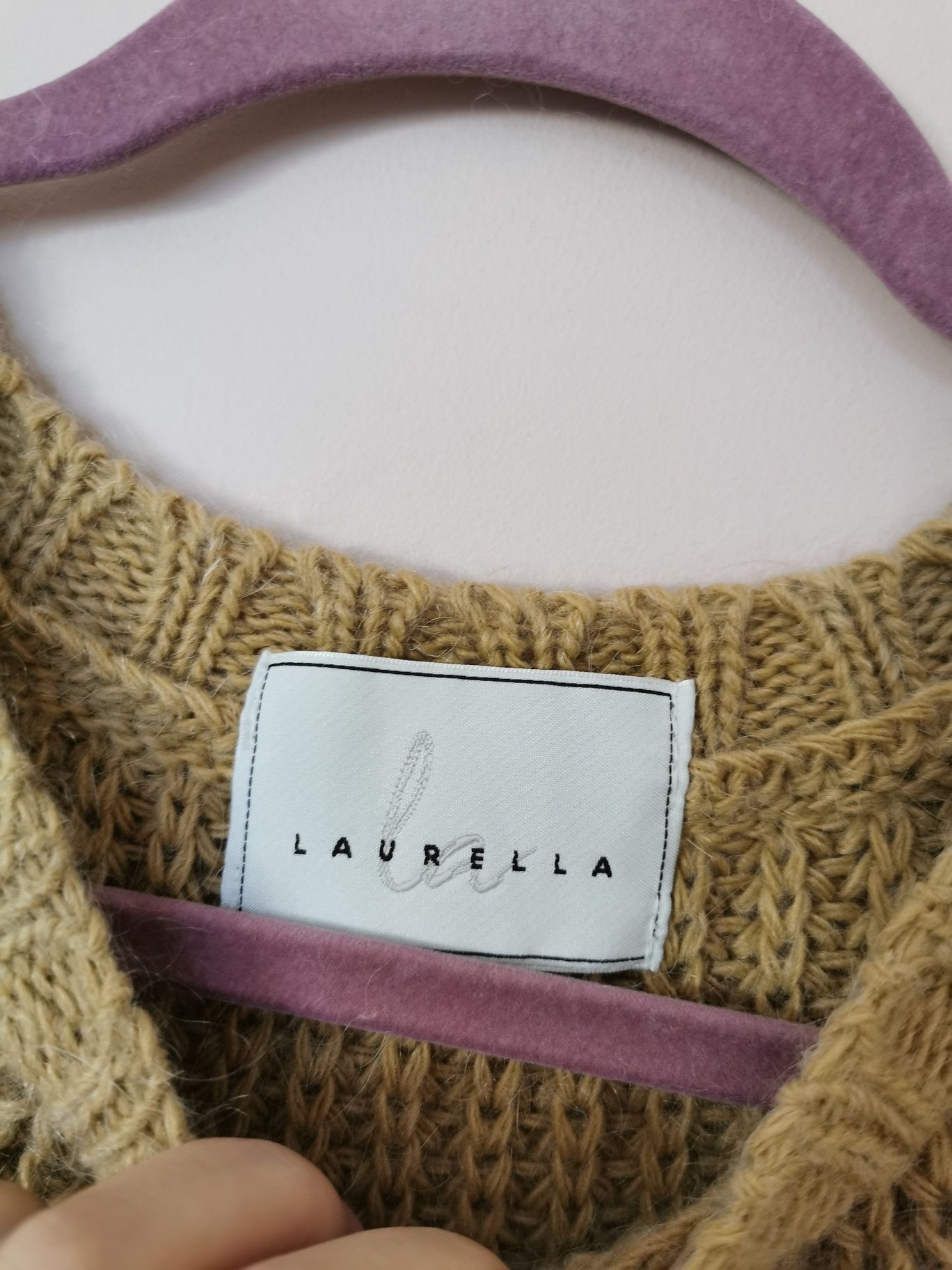 Sweter Laurella wełna wełniany moher brązowy kremowy ecru dzianina L